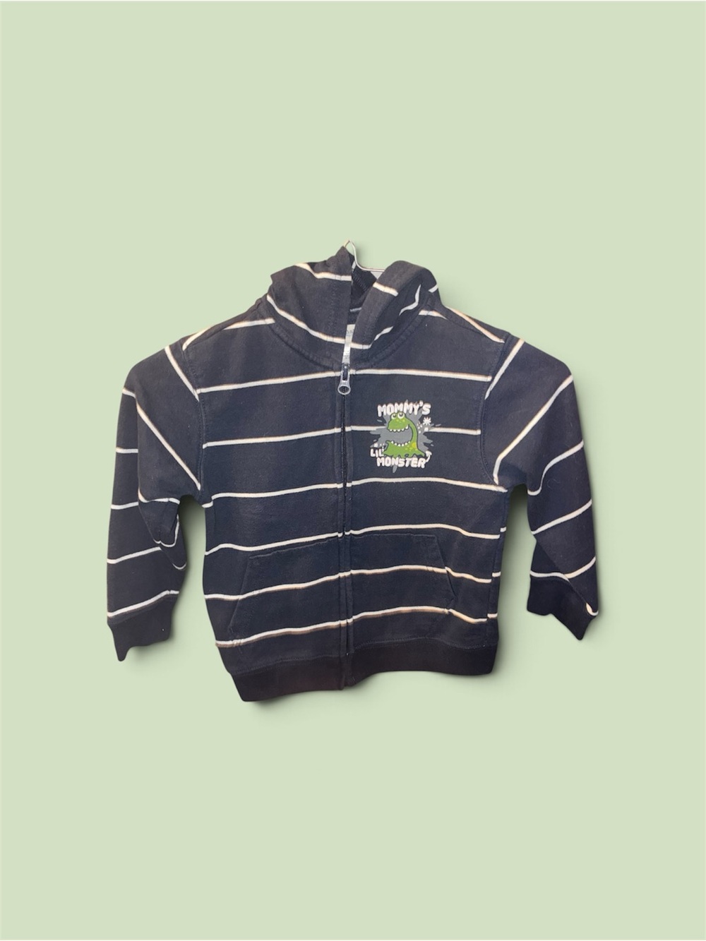 Toughskins Navy & White Striped Zip Hoodie with Green Monster Graphic